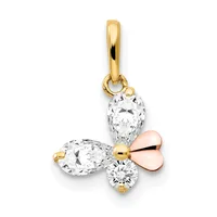 Gold pendant with three teardrop-shaped cubic zirconia stones arranged around a rose gold heart charm, suspended from a polished gold bail.