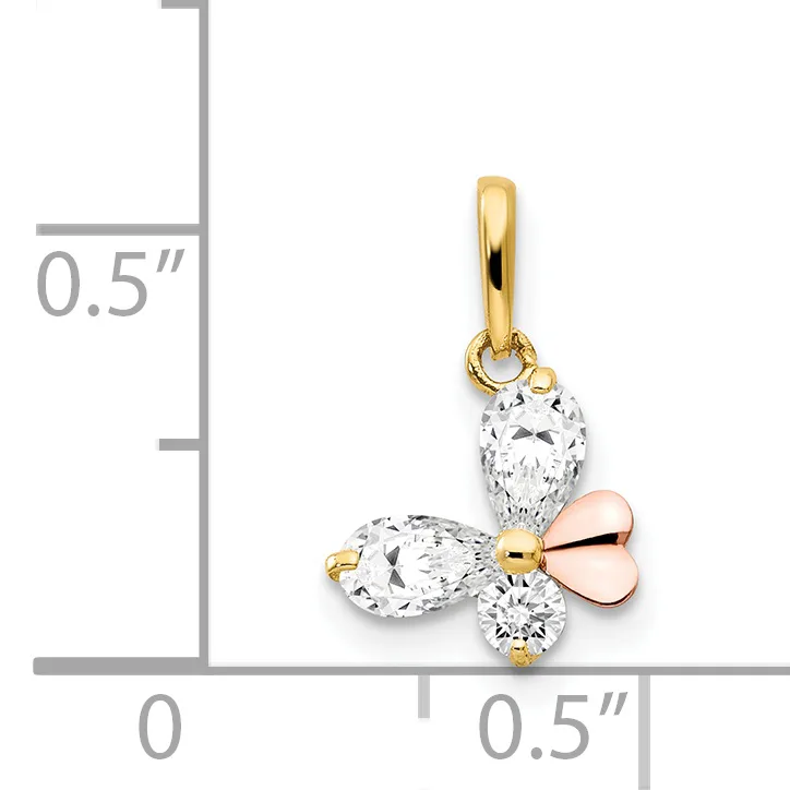 Gold pendant with three pear-shaped cubic zirconia stones arranged around a rose gold heart, shown next to a ruler indicating approximately half-inch dimensions.