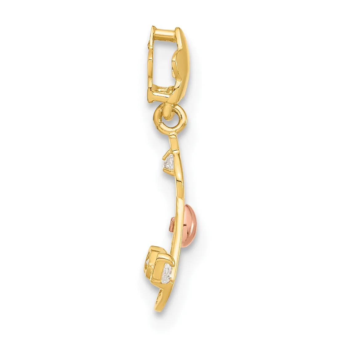 A gold charm pendant with a rectangular bail at top, small diamond accents, and a rose-colored stone or bead suspended in the center, shown hanging vertically.