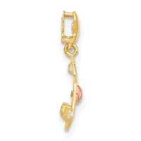A gold charm pendant with a rectangular bail at top, small diamond accents, and a rose-colored stone or bead suspended in the center, shown hanging vertically.