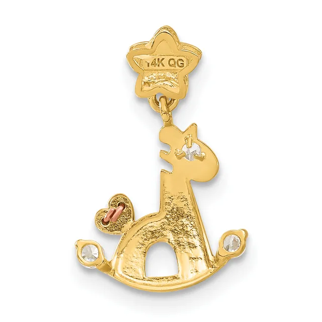 A gold rocking horse charm with a star-shaped top bail, decorated with small clear gemstones on the body and a red enamel heart detail.