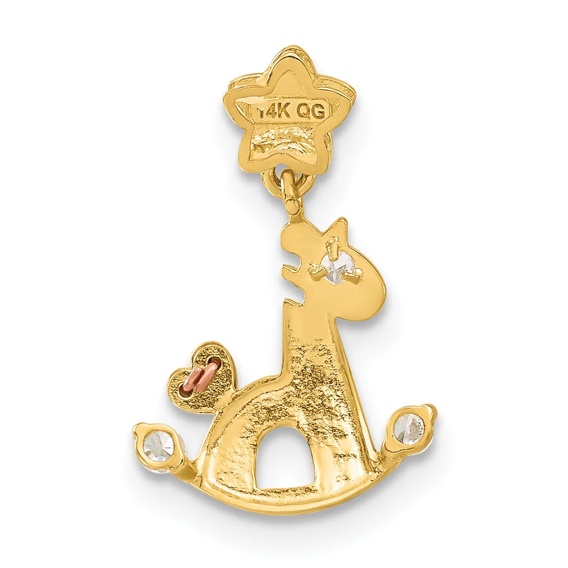 A gold rocking horse charm with a star-shaped top bail, decorated with small clear gemstones on the body and a red enamel heart detail.