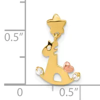 Gold giraffe pendant with cubic zirconia accents and a small rose gold heart, shown next to a measurement scale indicating approximately 0.5 inches in height.
