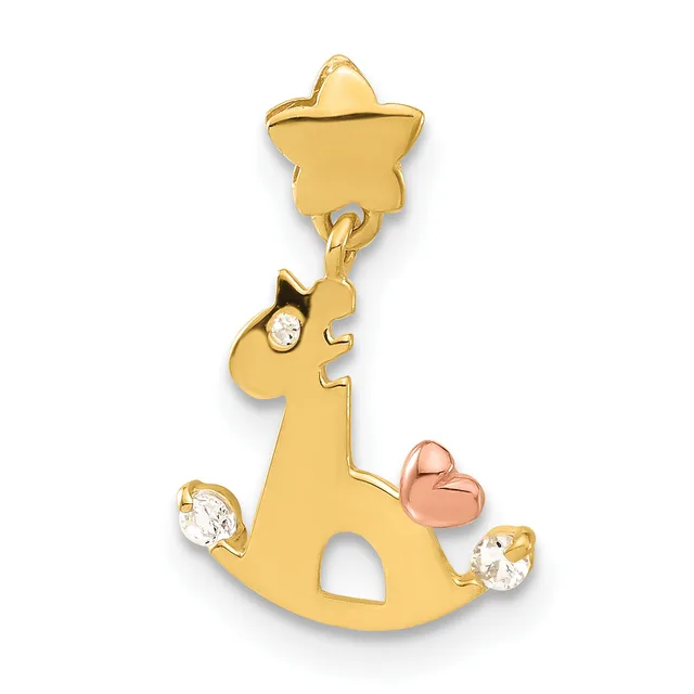 Gold rocking horse charm with star charm on top, cubic zirconia accents, and a small rose gold heart, suspended from a chain.