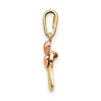 A two-tone metal keychain charm featuring a gold carabiner clip attached to a rose gold and yellow gold enameled parrot pendant.
