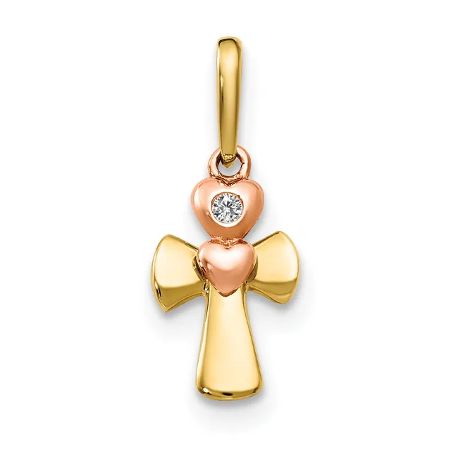 Gold cross pendant with a rose gold heart at the top set with a small diamond, suspended from a gold bail.