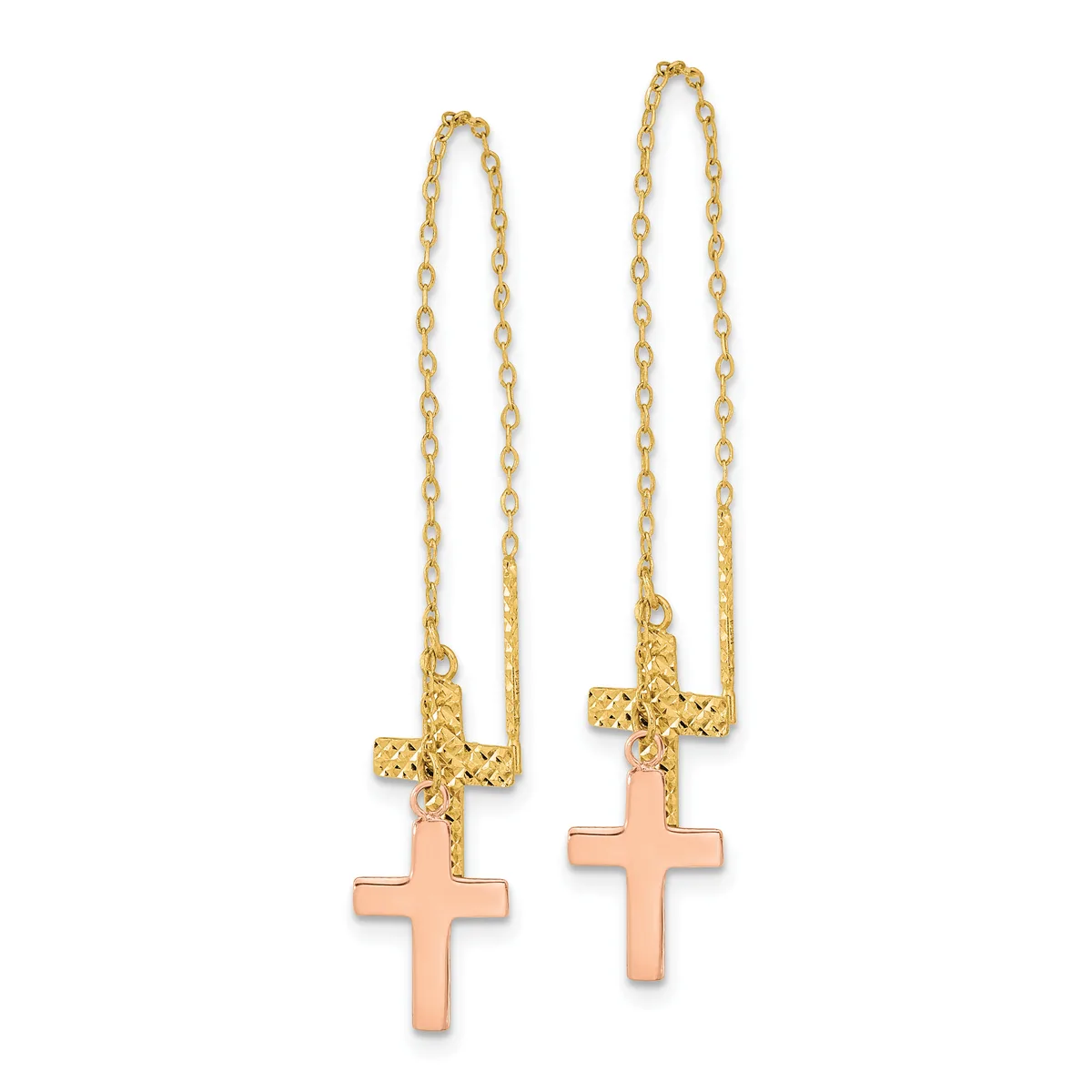Pair of gold chain earrings with textured gold cross tops and rose-colored cross pendants hanging below.