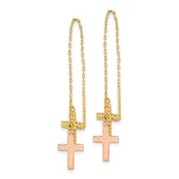 Pair of gold chain earrings with textured gold cross tops and rose-colored cross pendants hanging below.