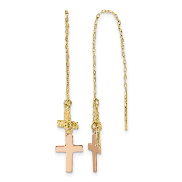 Pair of gold threader earrings with rose gold cross pendants, shown front and back views.