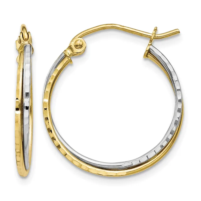 Two-tone gold and silver hoop earrings with textured finish and hinged closure, shown from front and side views.