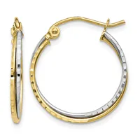 Two-tone gold and silver hoop earrings with textured finish and hinged closure, shown from front and side views.