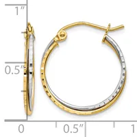 Two-tone gold and silver hoop earrings with textured finish, shown from front and side view with measurement scale indicating approximately one inch in length.