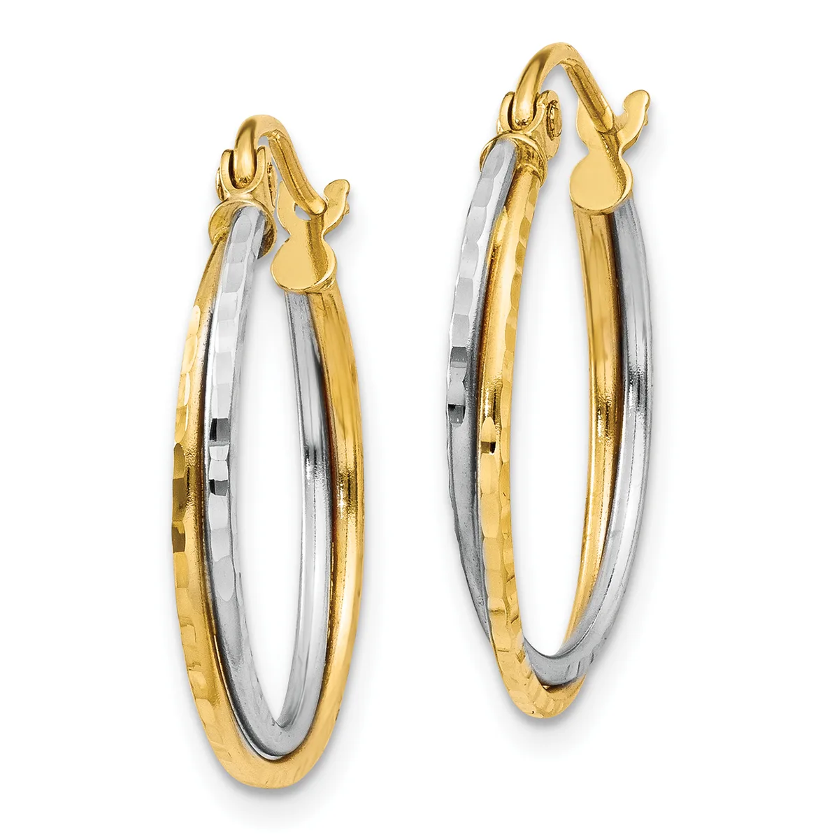 A pair of two-tone hoop earrings with yellow gold outer bands and white gold inner bands, shown from the front with hinged closures at the top.