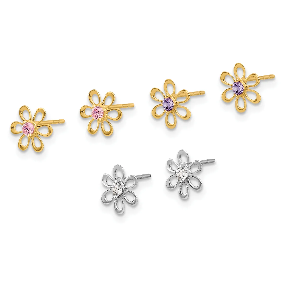Six flower-shaped stud earrings arranged in two rows: four gold earrings with pink and purple gemstone centers in the top row, and two silver earrings with clear gemstone centers in the bottom row.