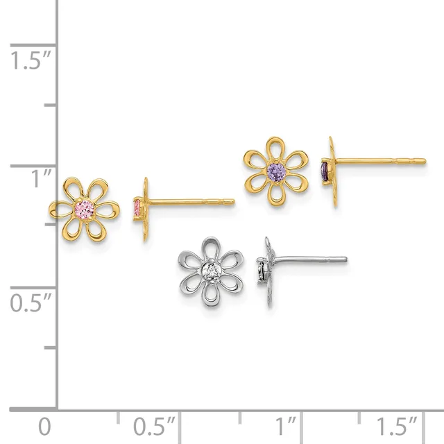 Three pairs of flower stud earrings displayed against a ruler showing sizes from 0 to 1.5 inches, featuring gold and silver finishes with colored center stones.