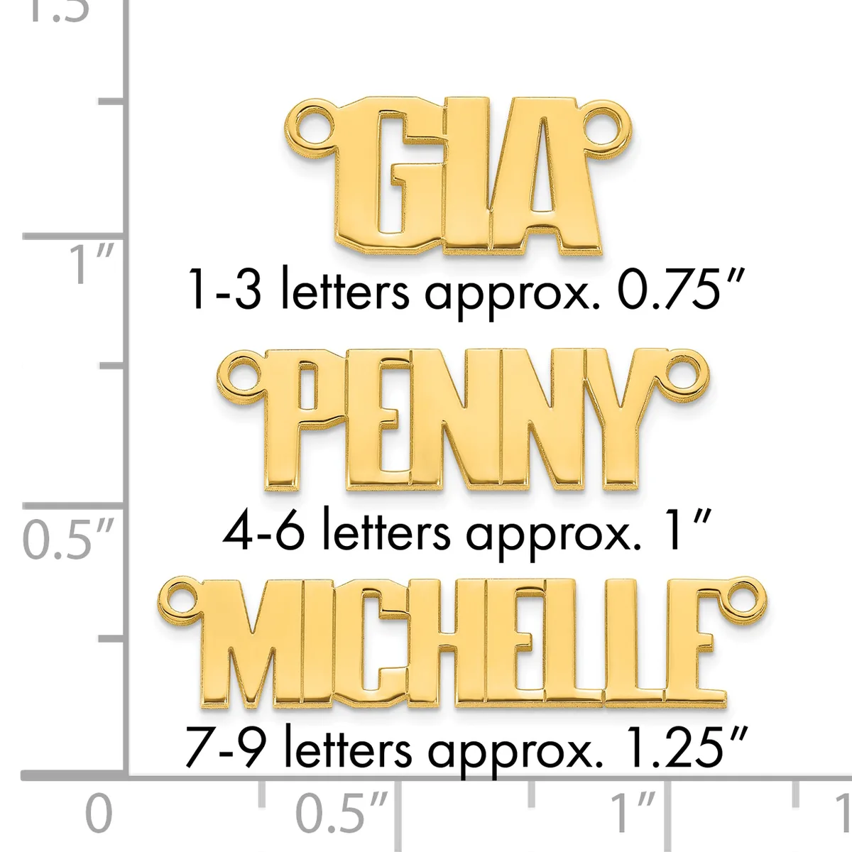 Three gold-colored letter charms with loops shown at actual size, displaying approximate heights of 0.75 inches for 1-3 letters, 1 inch for 4-6 letters, and 1.25 inches for 7-9 letters.