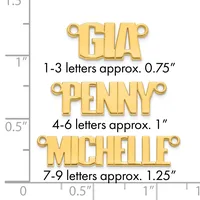 Three gold-colored letter charms with loops shown at actual size, displaying approximate heights of 0.75 inches for 1-3 letters, 1 inch for 4-6 letters, and 1.25 inches for 7-9 letters.