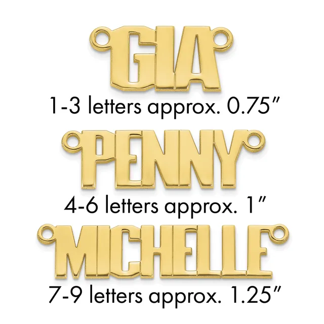 Three gold-colored metal name charms with loops, labeled by letter count and approximate size: GIA (1-3 letters, 0.75"), PENNY (4-6 letters, 1"), and MICHELLE (7-9 letters, 1.25").
