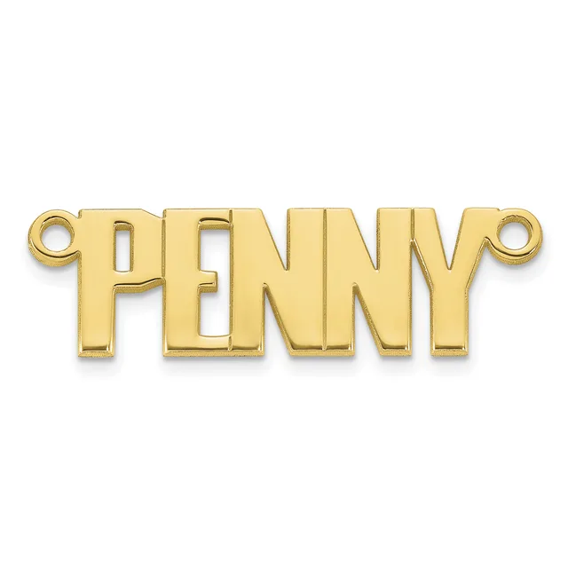 Gold-colored metal pendant charm with the word spelled out in block letters, featuring small loops on each end for attachment.