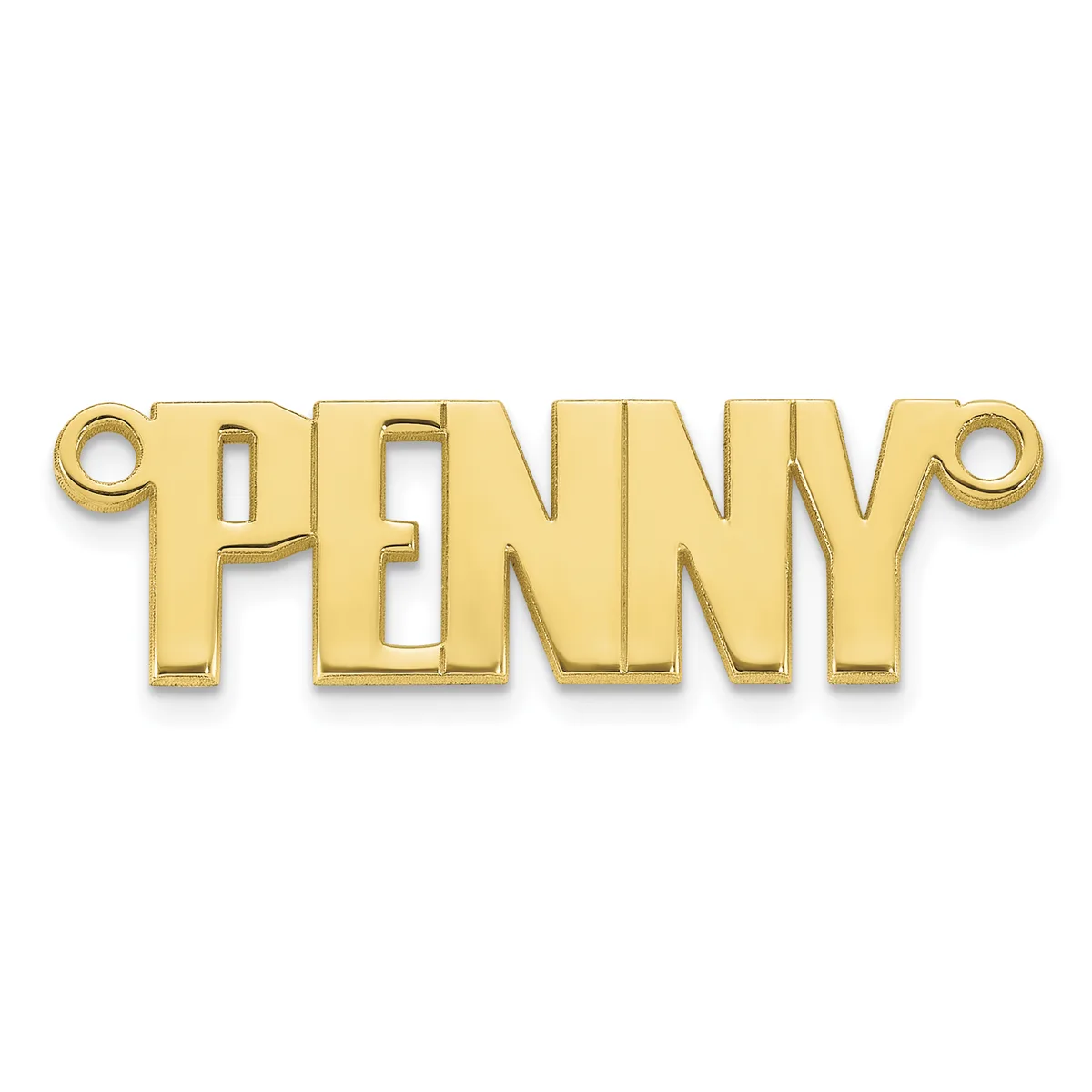 Gold-colored metal pendant charm with the word spelled out in block letters, featuring small loops on each end for attachment.