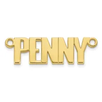 Gold-colored metal pendant charm with the word spelled out in block letters, featuring small loops on each end for attachment.