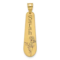 Gold-toned elongated pendant with the name "Sarah" engraved vertically and a floral design featuring a carnation flower with leaves etched below.