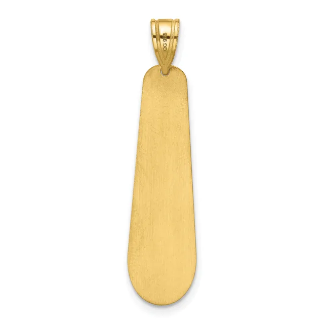 A long, tapered gold pendant with a polished finish and a looped bail at the top.