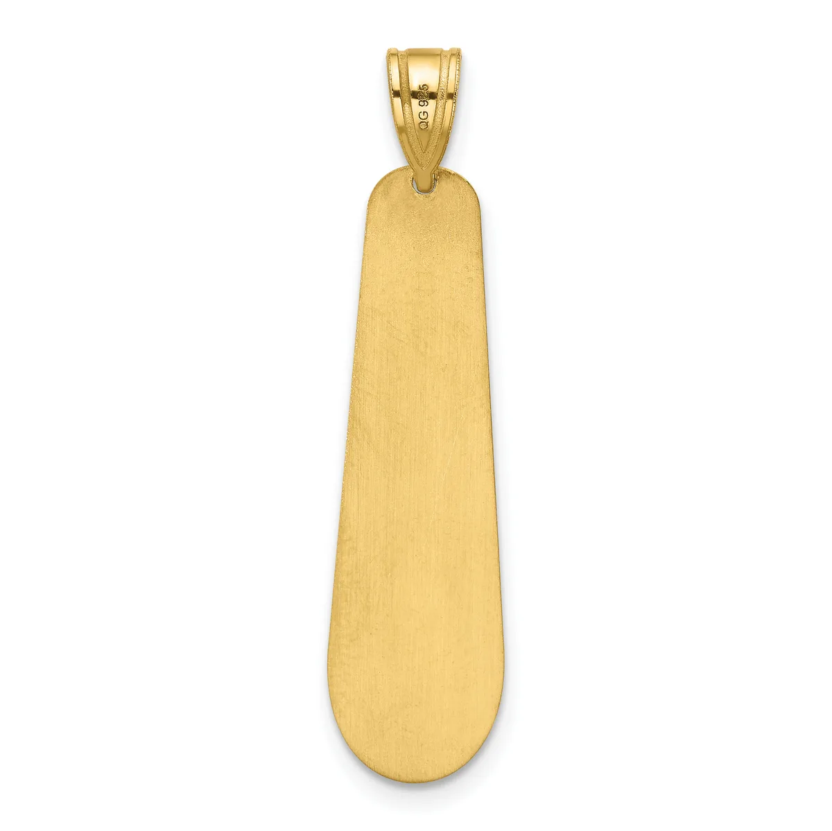 A long, tapered gold pendant with a polished finish and a looped bail at the top.