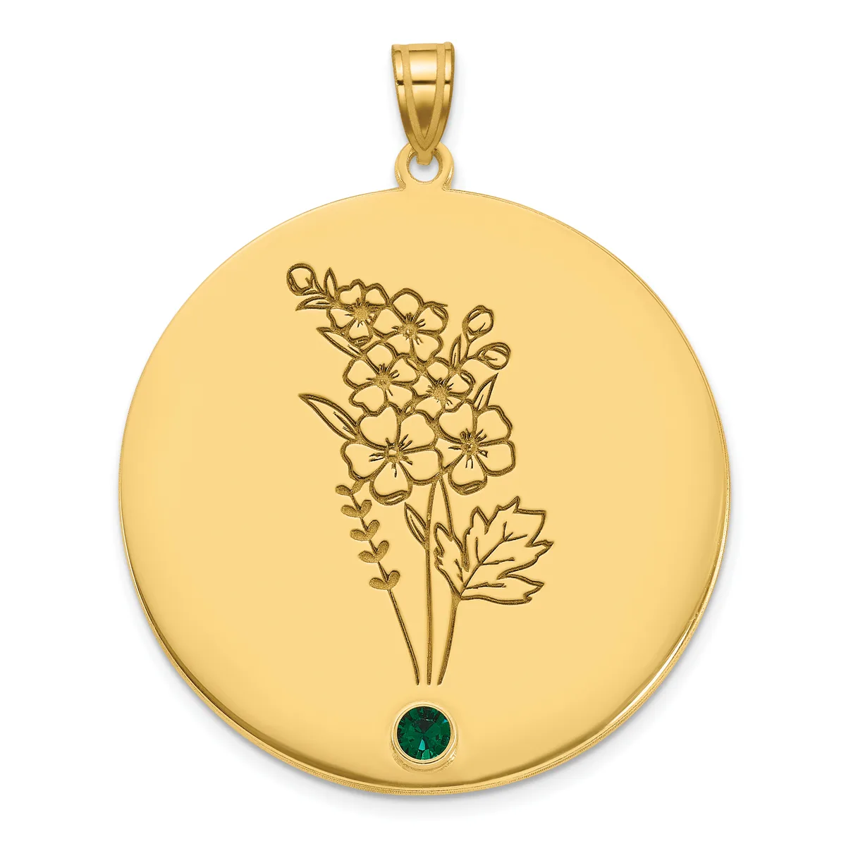 Gold circular pendant with engraved flower bouquet design and a small teal gemstone accent at the bottom, attached to a gold bail.