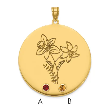 Gold circular pendant with engraved flowers and leaves, featuring a red gemstone at position A and an orange gemstone at position B.