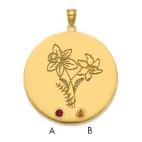 Gold circular pendant with engraved flowers and leaves, featuring a red gemstone at position A and an orange gemstone at position B.