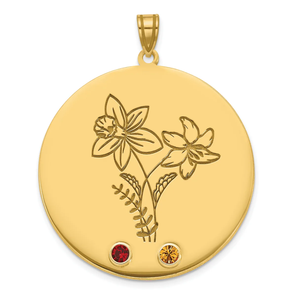 A gold circular pendant with an engraved floral design featuring two flowers and leafy stems, accented with a red gemstone and an orange gemstone at the bottom.