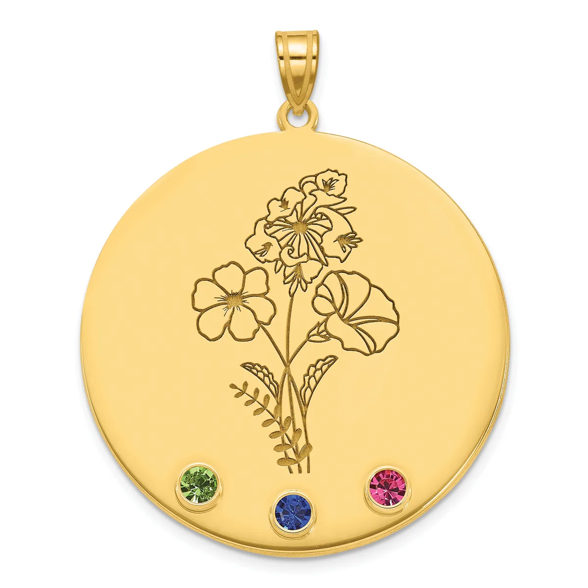 Gold circular pendant with an engraved floral design and three round gemstones in green, blue, and pink set near the bottom.