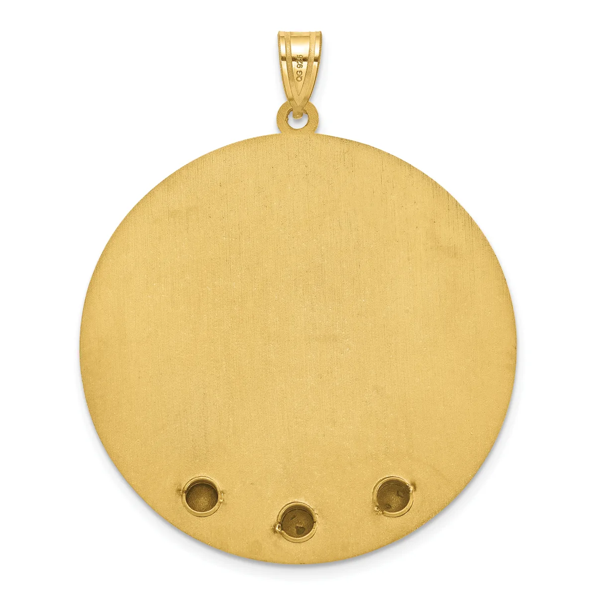 A large circular gold pendant with a brushed finish and three small round settings around the bottom edge, suspended from a gold bail.