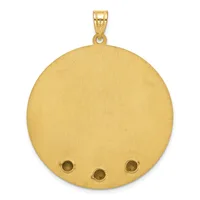 A large circular gold pendant with a brushed finish and three small round settings around the bottom edge, suspended from a gold bail.