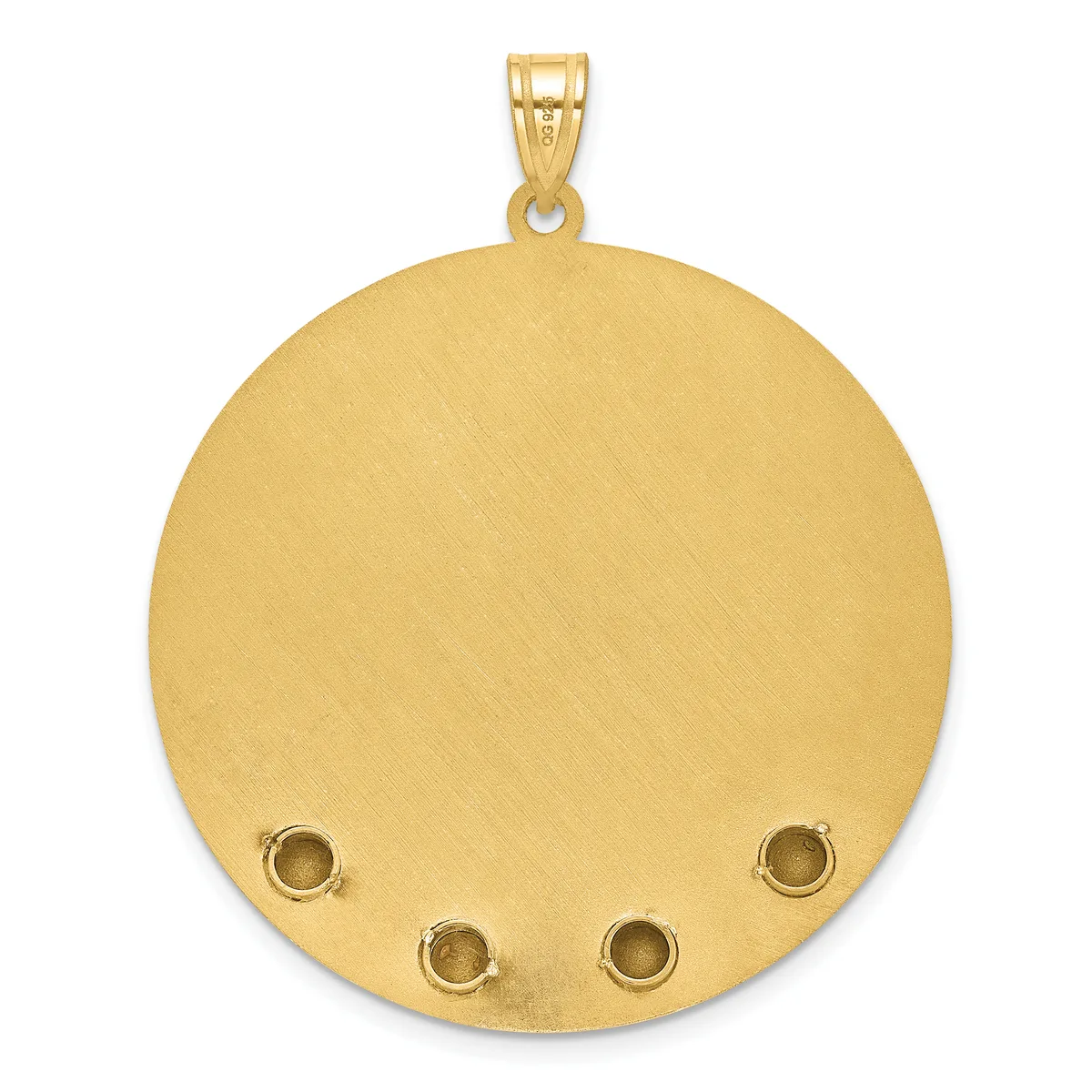 A large round gold pendant with a brushed finish and four small circular settings arranged in a square pattern near the bottom, suspended from a gold bail.