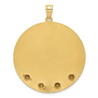 A large round gold pendant with a brushed finish and four small circular settings arranged in a square pattern near the bottom, suspended from a gold bail.