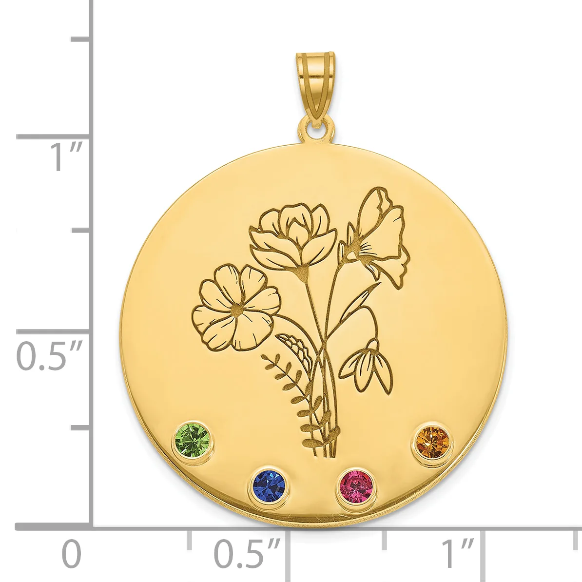 Gold circular pendant with engraved flower stems and four colored gemstones at cardinal points, shown against measurement scale.
