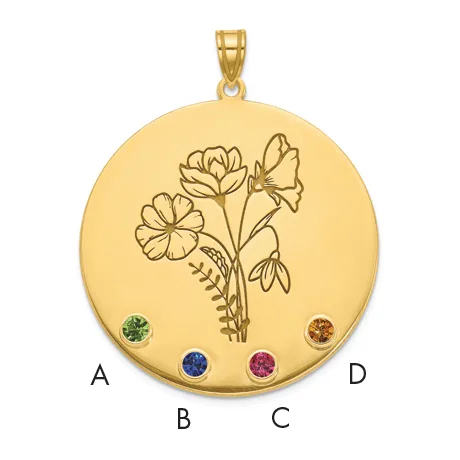 Gold circular pendant with an engraved flower design and four colored gemstones positioned at cardinal points, shown with a bail loop at top.
