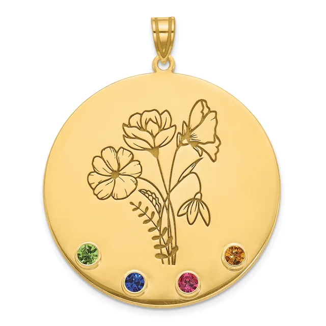 Gold circular pendant with engraved flower bouquet design and four round gemstones in green, blue, pink, and orange set around the bottom edge.