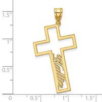 Gold cross pendant with openwork design and decorative text engraved on the lower shaft, shown against a measurement scale.