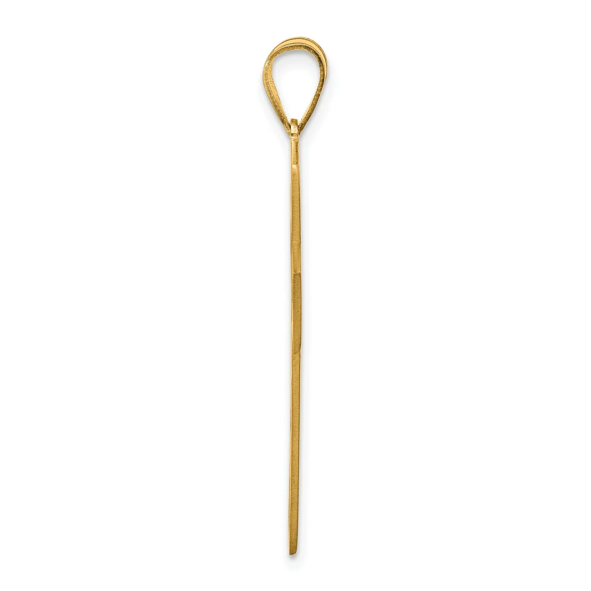 A long, slender gold-toned metal skewer or pick with a teardrop-shaped loop handle at the top and a pointed shaft.