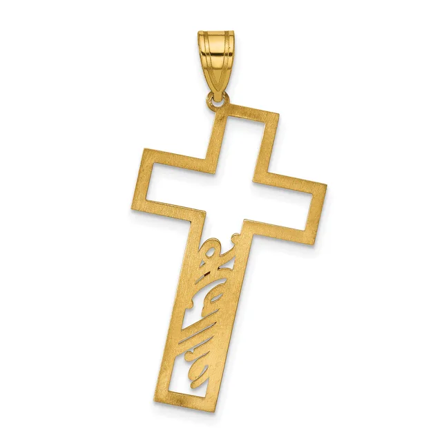Gold cross pendant with cutout design featuring decorative script text along the lower shaft, shown suspended from a bail.