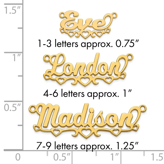 Three gold-colored name pendants with decorative hearts and flourishes shown at actual size on a measurement scale, ranging from 0.75 inches for 1-3 letters to 1.25 inches for 7-9 letters.
