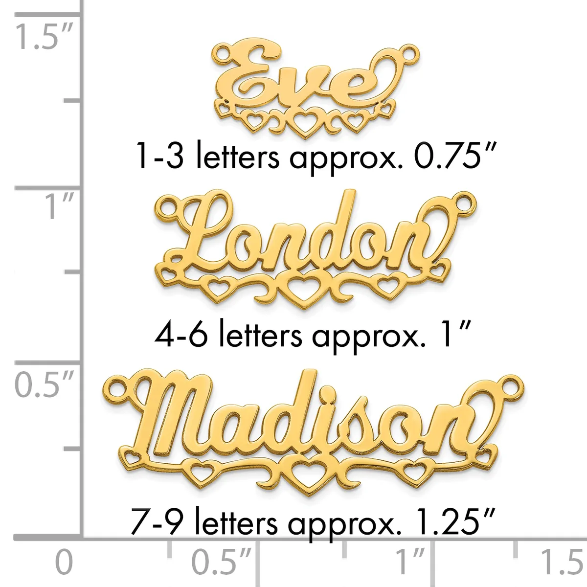 Three gold-colored name pendants with decorative hearts and flourishes shown at actual size on a measurement scale, ranging from 0.75 inches for 1-3 letters to 1.25 inches for 7-9 letters.