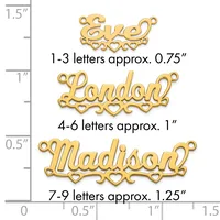 Three gold-colored name pendants with decorative hearts and flourishes shown at actual size on a measurement scale, ranging from 0.75 inches for 1-3 letters to 1.25 inches for 7-9 letters.