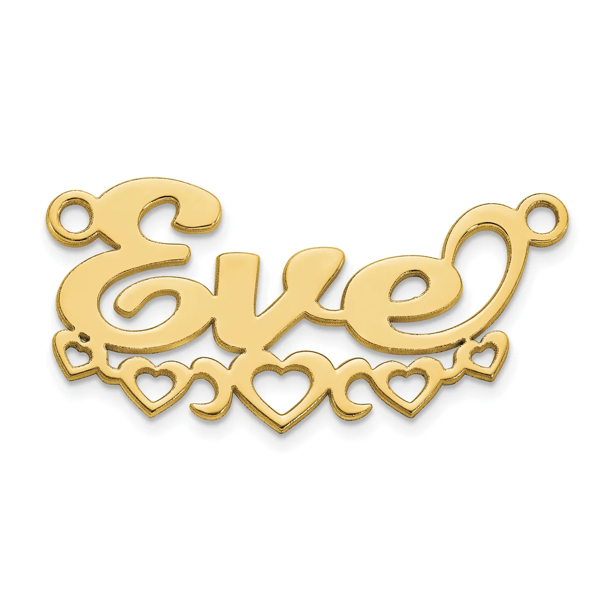 Gold-colored metal connector pendant with scrolled "Love" text and decorative heart cutouts along the bottom edge, with small loops at each end.