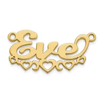 Gold-colored metal connector pendant with scrolled "Love" text and decorative heart cutouts along the bottom edge, with small loops at each end.