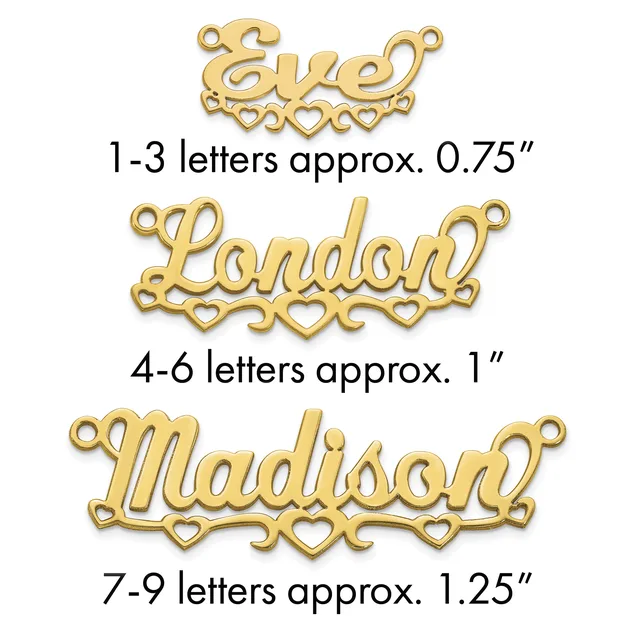 Three gold-toned metal name pendants with decorative hearts and flourishes, labeled by letter count with approximate sizes ranging from 0.75 to 1.25 inches.