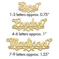 Three gold-toned metal name pendants with decorative hearts and flourishes, labeled by letter count with approximate sizes ranging from 0.75 to 1.25 inches.